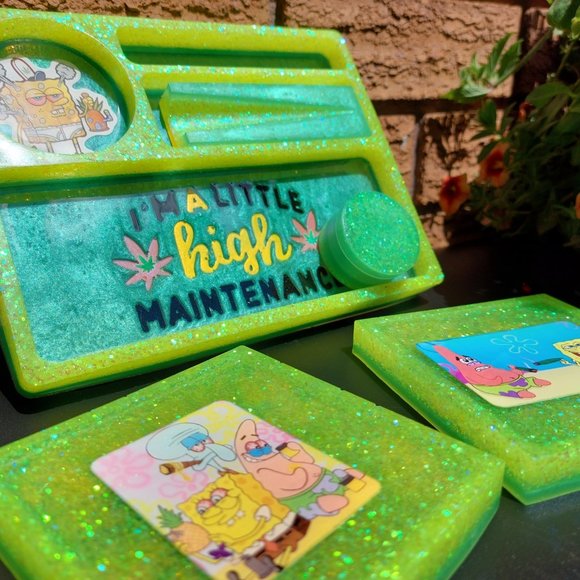 SpongeBob SquarePants/Cannabis Rolling Tray/Ashtray/Coasters Set - Picture 3 of 9